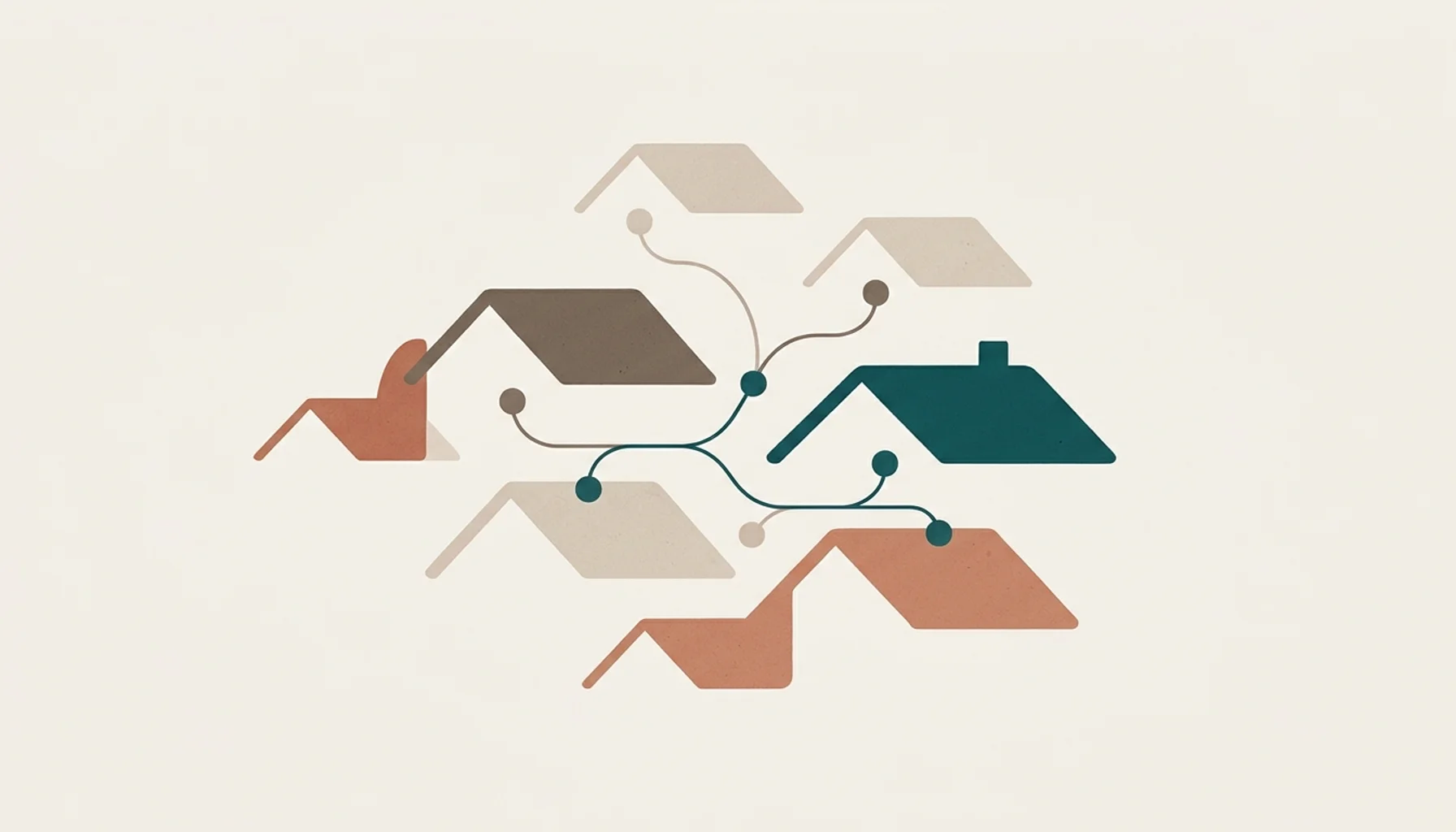 Abstract flat illustration of connected rooftop shapes symbolizing vacation home management software unifying bookings and operations