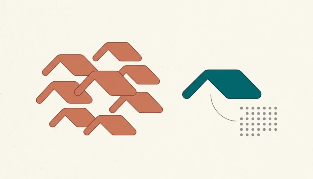 Abstract illustration comparing many small rooflines versus one bold roofline, symbolizing choosing vacation rentals management companies