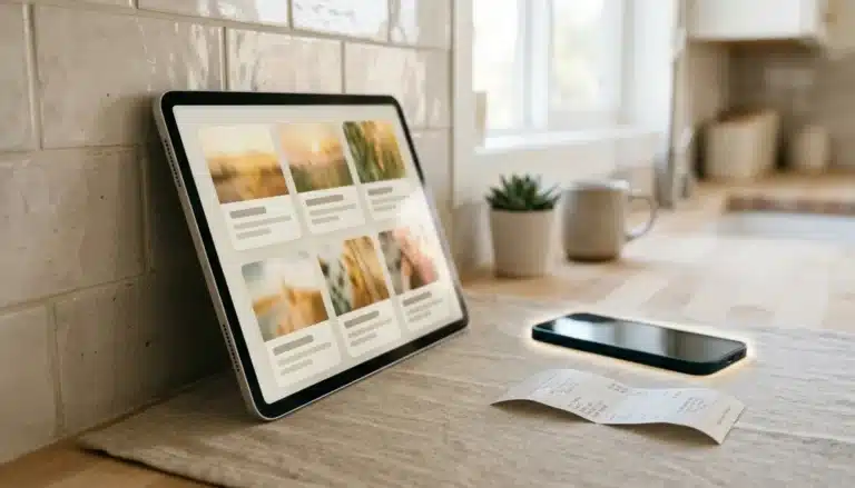 Tablet on a rental kitchen counter showing an abstract listing grid, illustrating what marketing listing sites work for vacation rentals