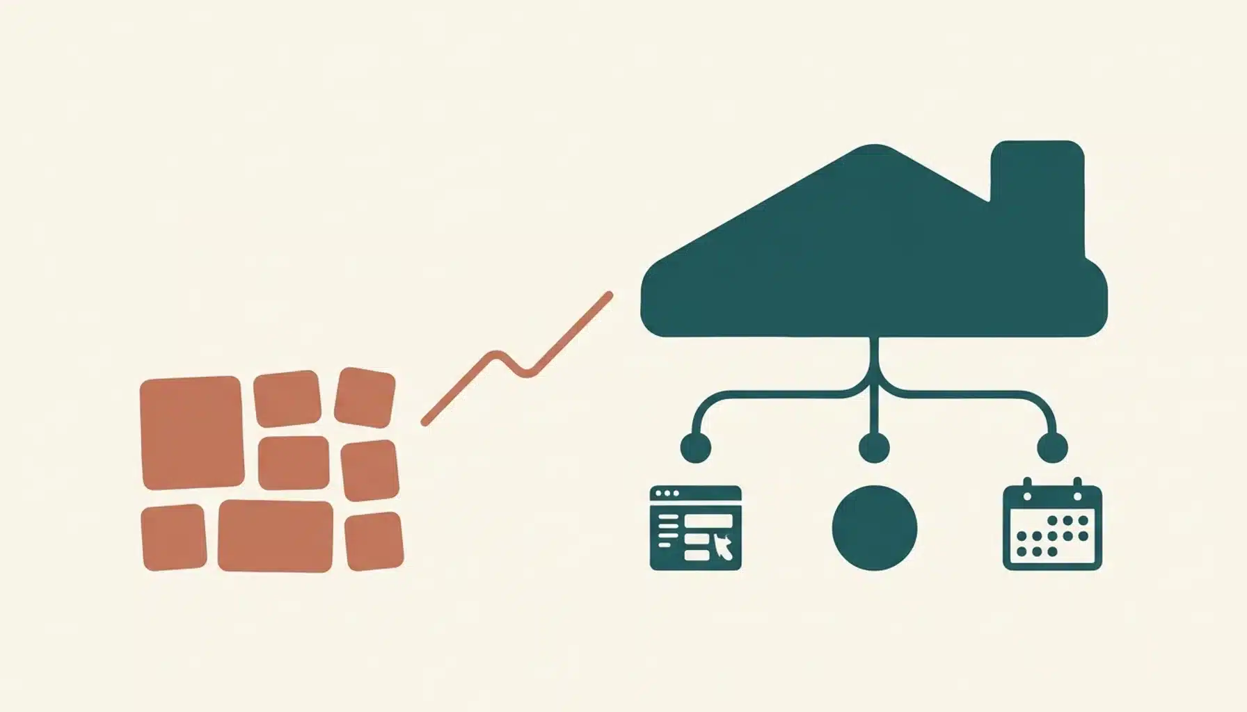 Abstract illustration showing connected booking system shapes versus a fragmented cluster, symbolizing which software builds a strong direct booking presence