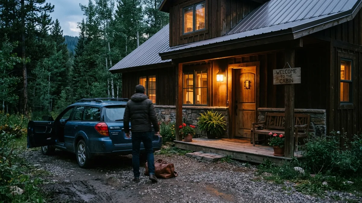 Airbnb profitable rental property exterior at dusk with warm lighting