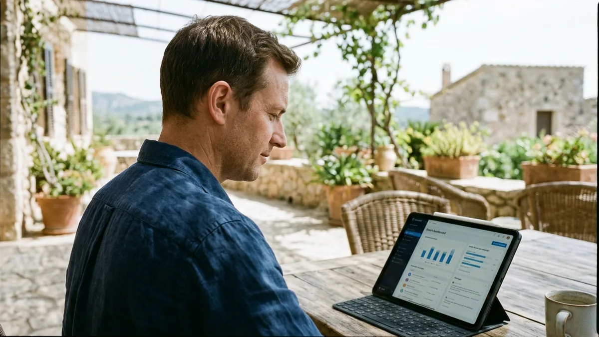 Host reviewing an automated booking message template follow-up sequence on a tablet