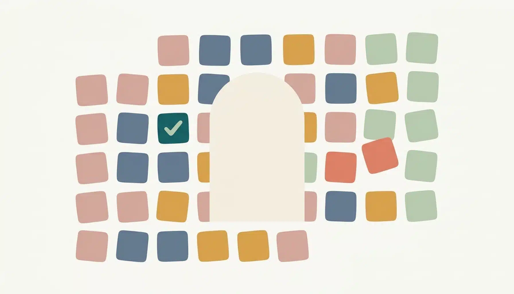Abstract flat illustration of calendar-like tiles and an arch shape symbolizing an Airbnb review for guest timeline