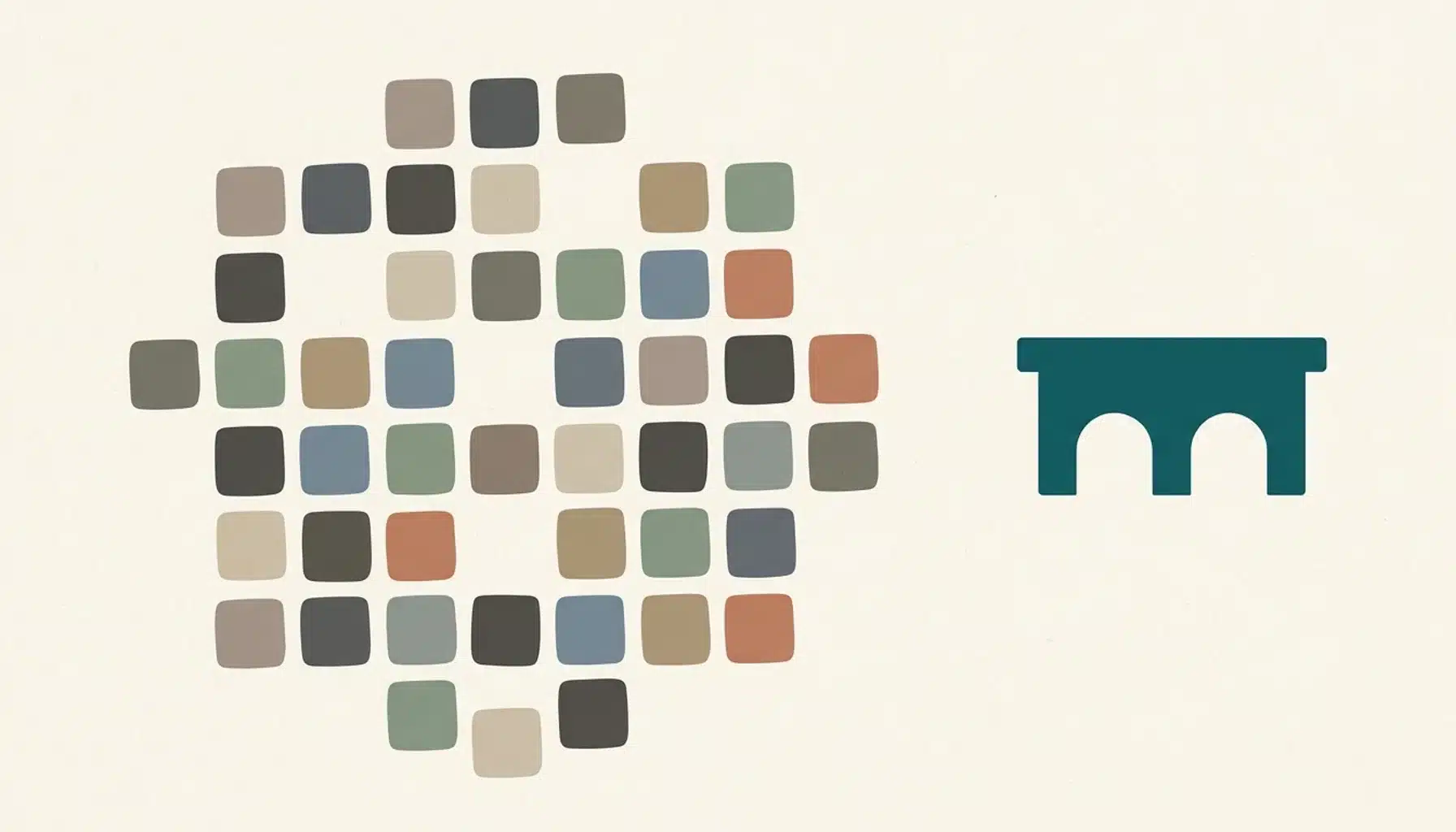 Abstract illustration comparing a scattered tile cluster and a teal rooftop shape, symbolizing best site for rentals by owner choices