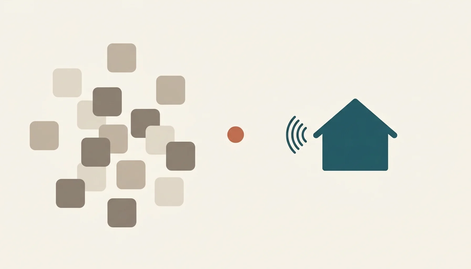 Abstract illustration contrasting scattered booking tiles with a unified cabin silhouette, symbolizing cabin booking software