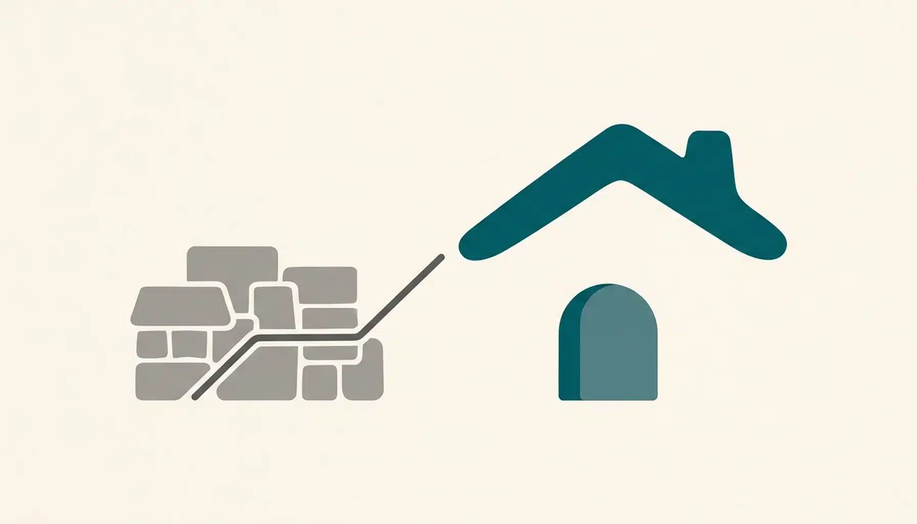 Abstract illustration contrasting a crowded shape cluster with an open teal house-and-arch cluster symbolizing direct stay bookings