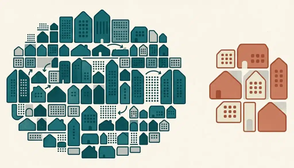Abstract illustration comparing Guesty vs Lodgify with two clusters of rooflines and calendar dots for STR portfolios