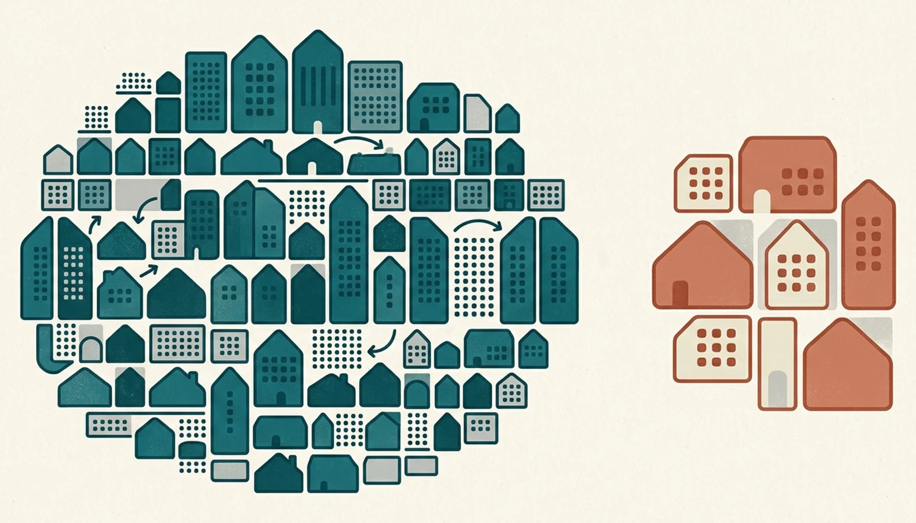 Abstract illustration comparing Guesty vs Lodgify with two clusters of rooflines and calendar dots for STR portfolios