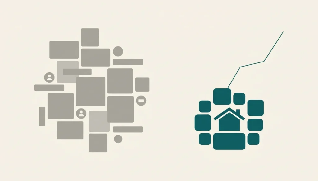 Abstract illustration comparing scattered booking channels to a branded direct booking site to reduce listing fees