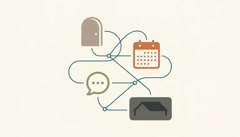 Four connected flat icons representing must-have short-term rental management tools for new hosts