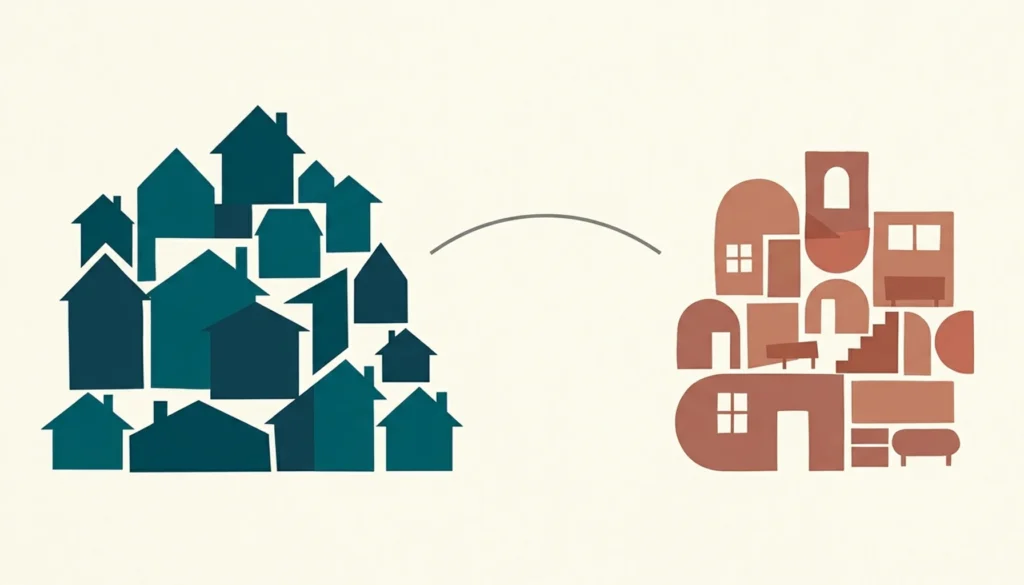 Flat illustration comparing two property shape clusters representing the is Vrbo or Airbnb better decision for hosts