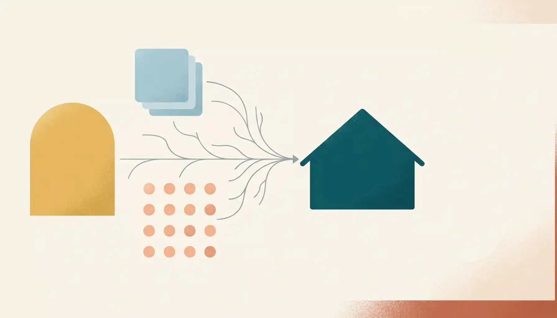 Abstract illustration of scattered shape clusters connecting into one roofline, symbolizing a property advertiser unifying booking channels