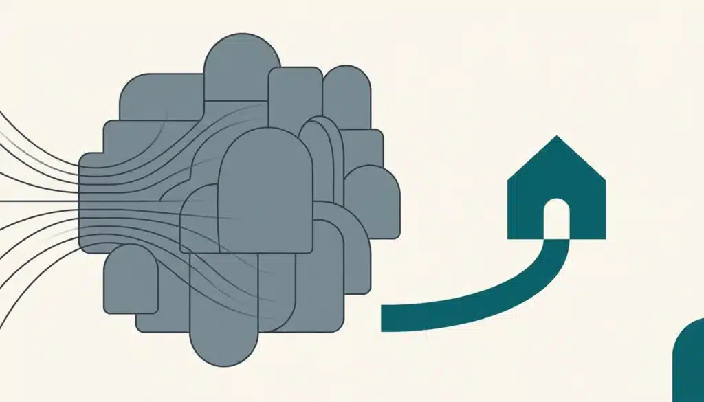 Flat illustration for an str ad guide: many thin lines flow into grey tiles while one bold teal path reaches a small house shape