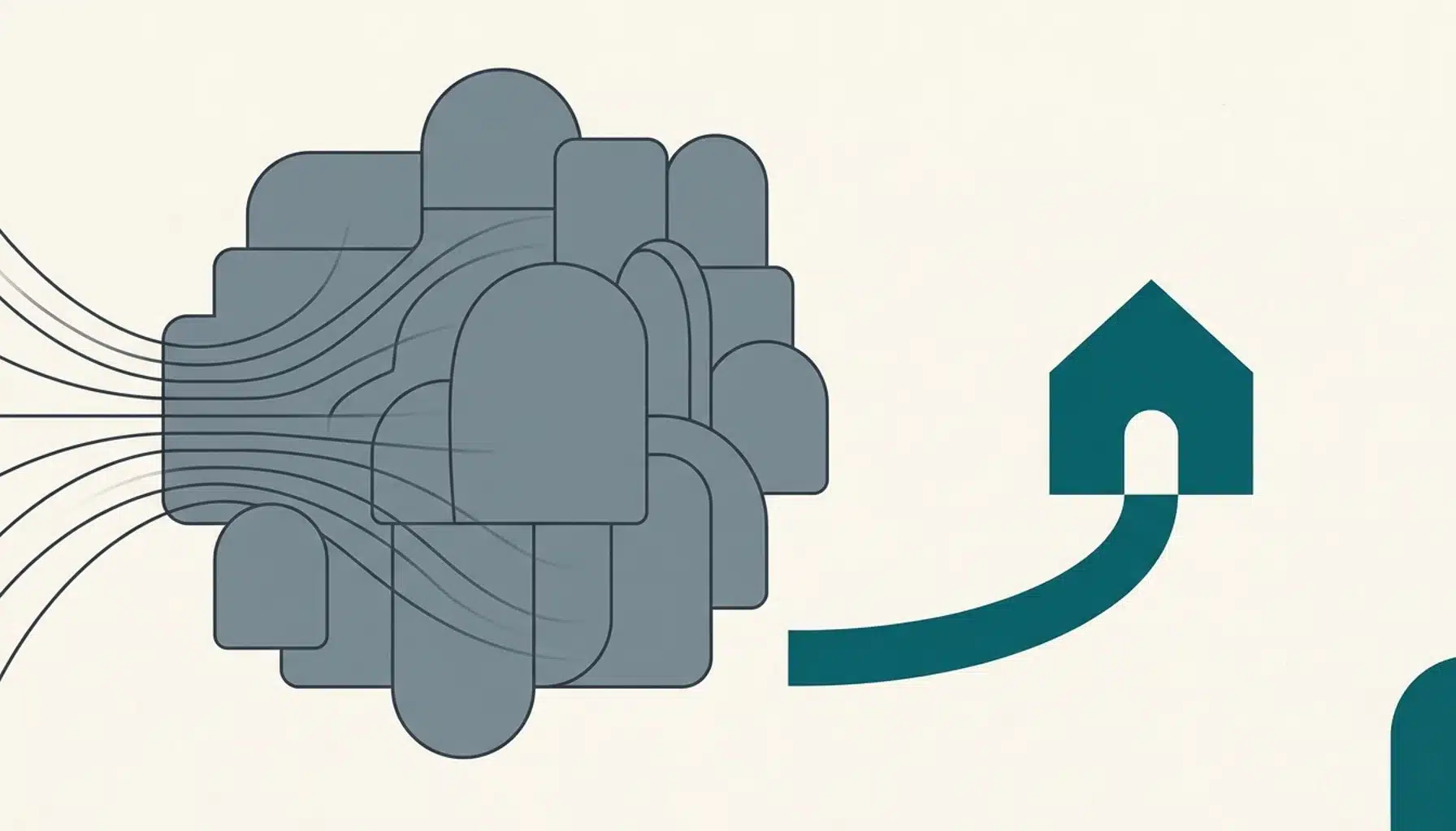 Flat illustration for an str ad guide: many thin lines flow into grey tiles while one bold teal path reaches a small house shape