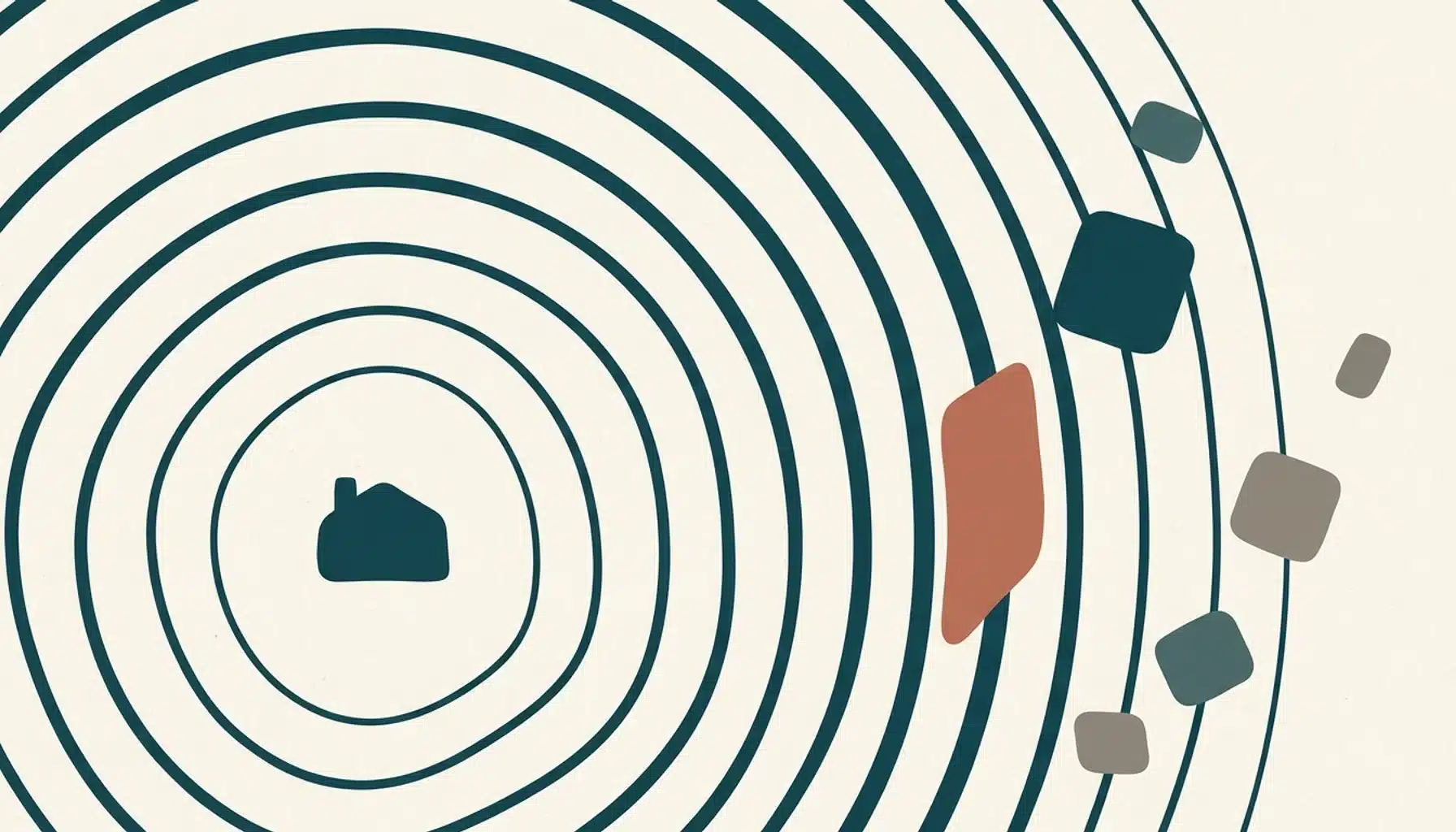 Abstract illustration of radiating arcs from a rooftop shape symbolizing vacation rental keywords and SEO discovery
