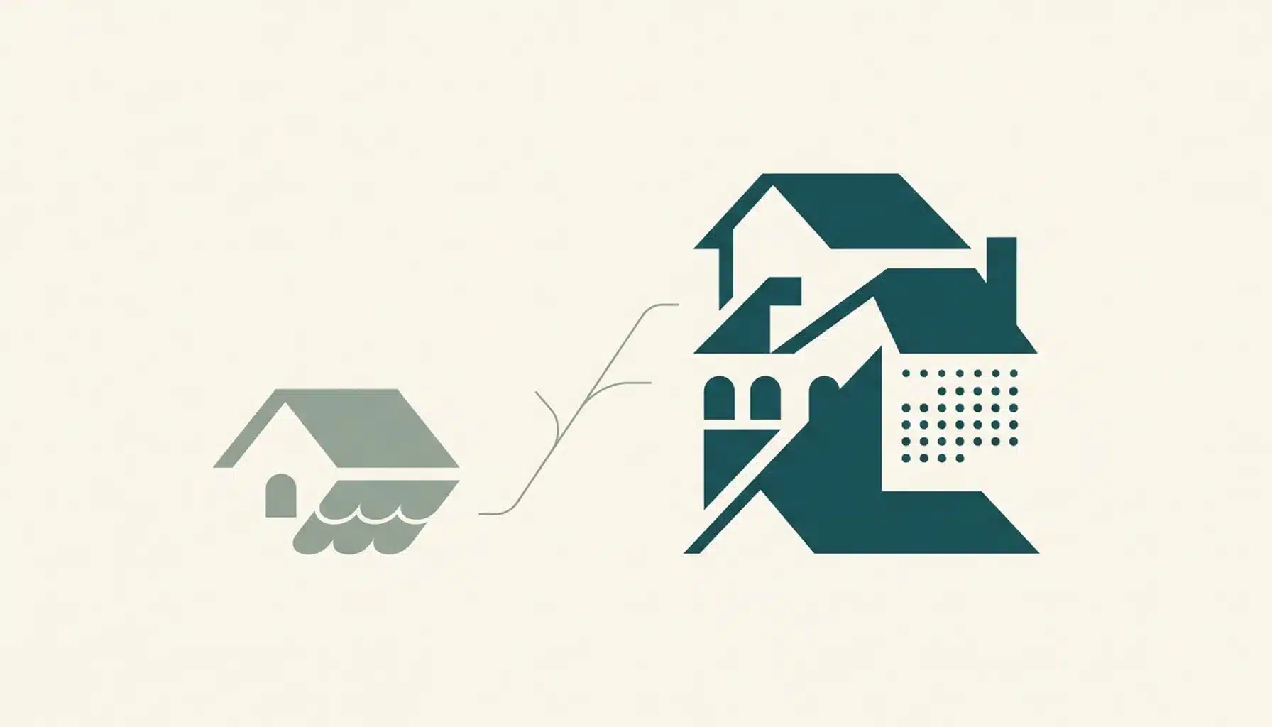 Flat illustration of a small house-shape cluster beside a larger teal cluster, evoking guesty vs guesty for hosts differences