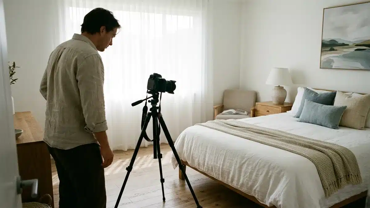 Host photographing a rental room while setting up airbnb host marketing software