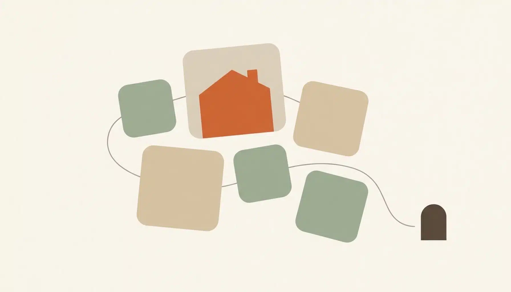 Flat illustration of rounded tiles and a roofline shape for ai content creation vacation rental hosts, in terracotta and sage