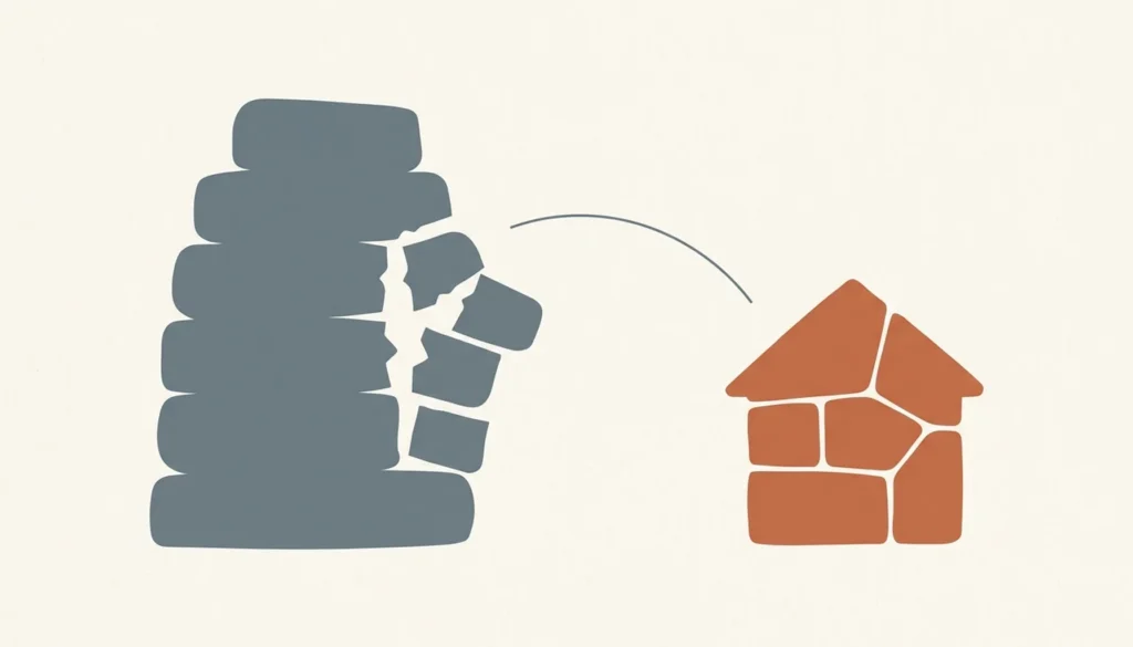 Flat illustration comparing a large grey block stack with a terracotta house silhouette, evoking airbnb cost and what hosts keep