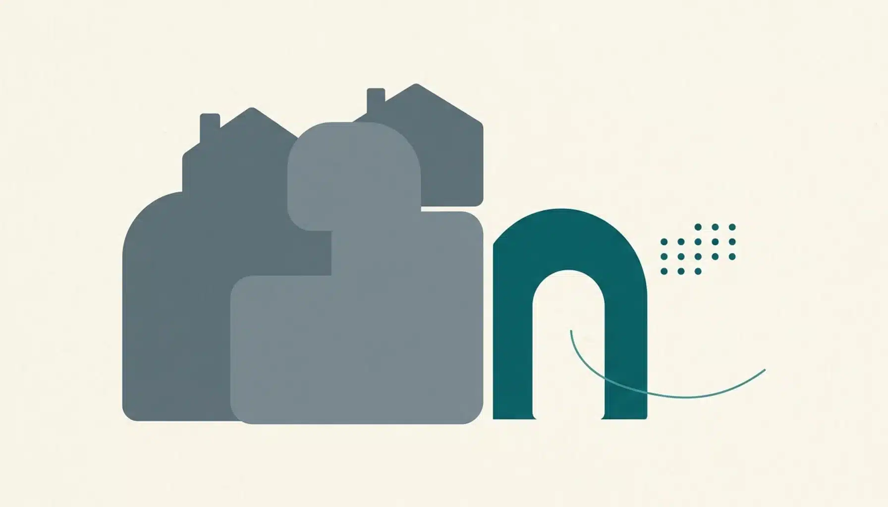 Flat illustration of a large grey roofline shape beside a smaller teal arch and dot grid, representing airbnb host marketing software