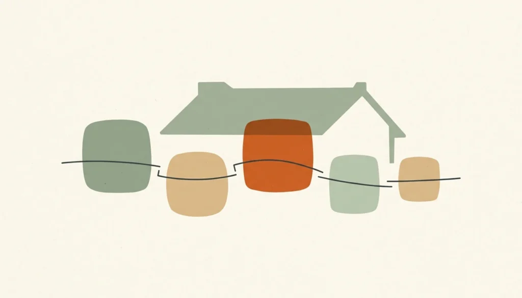 Flat illustration of staggered rounded tiles linked by a broken line beside a roofline shape, evoking airbnb management stages