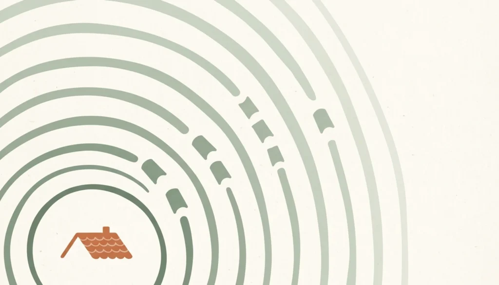 Flat illustration of a terracotta house silhouette with radiating arcs and sage tiles, evoking airbnb seo tips for hosts