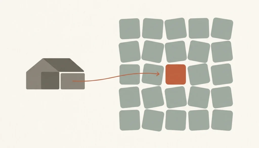 Flat illustration of rounded tiles and a roofline silhouette linked by a curved line, alternatives to hiring a content writer STR
