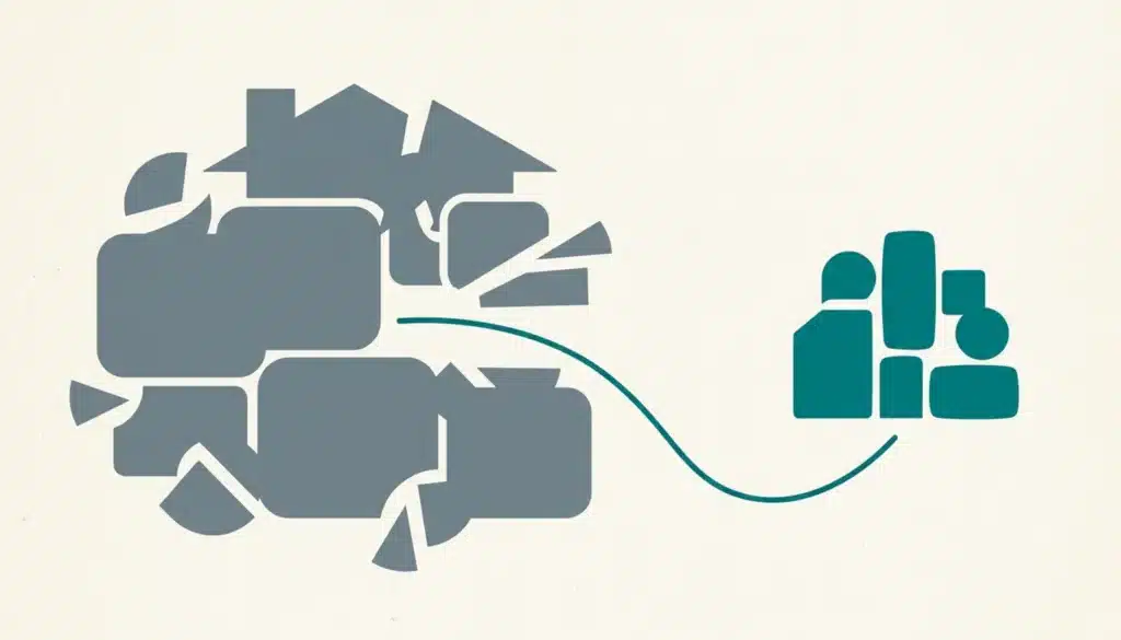 Flat illustration comparing booking.com vs expedia fees with two shape clusters, a large grey one and a smaller teal one linked by a curved line