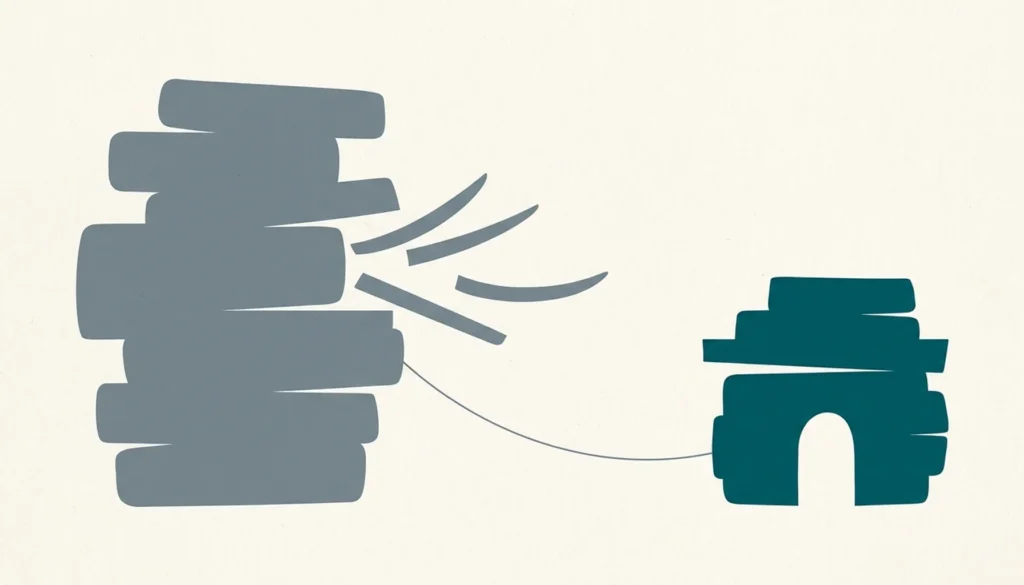 Flat illustration of a large grey block cluster losing slices beside a compact teal house shape, echoing gross booking value