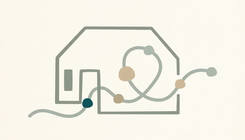 Flat illustration of a looping path through a simple house silhouette with teal and sand nodes, tracing a happy guest journey