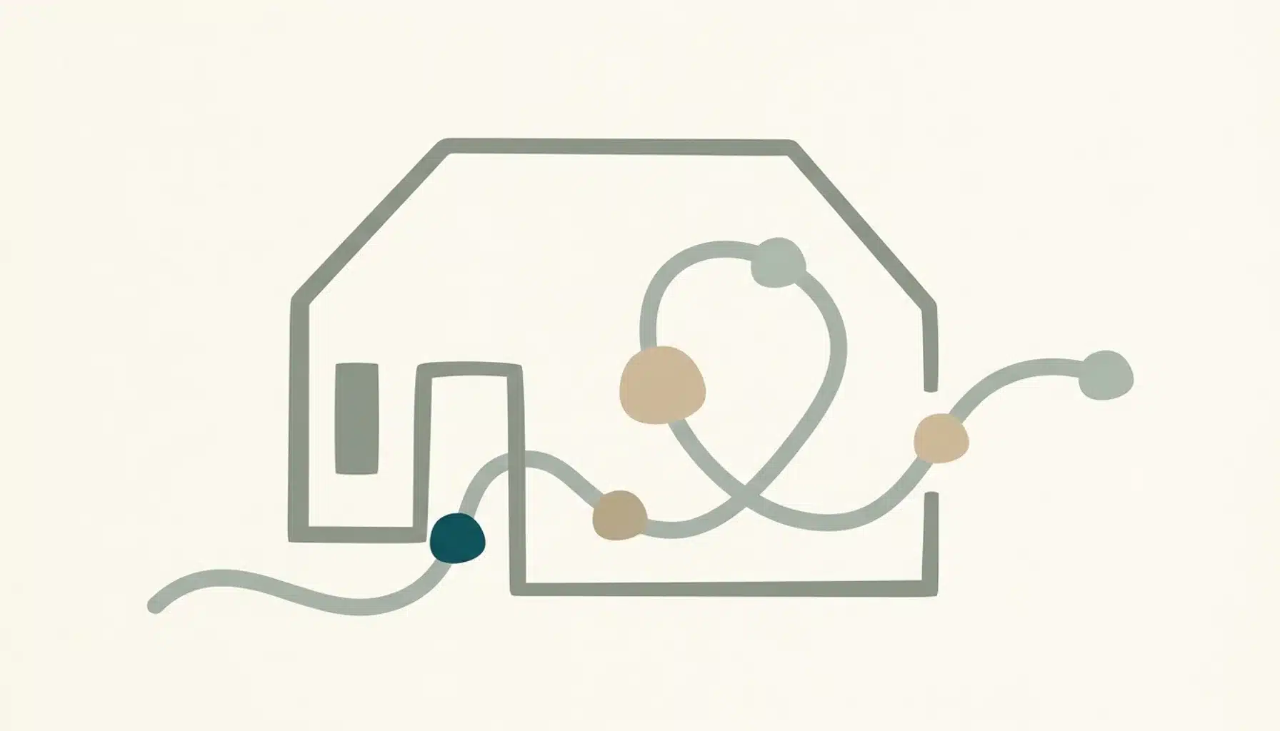 Flat illustration of a looping path through a simple house silhouette with teal and sand nodes, tracing a happy guest journey