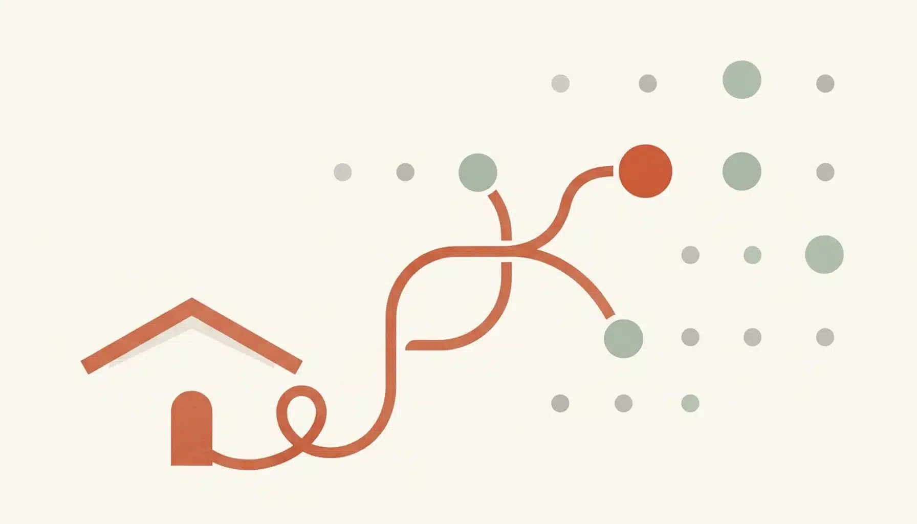 Flat illustration of a terracotta branching line leaving a house roofline toward rounded nodes, showing how AI tools help short-term rental hosts automate
