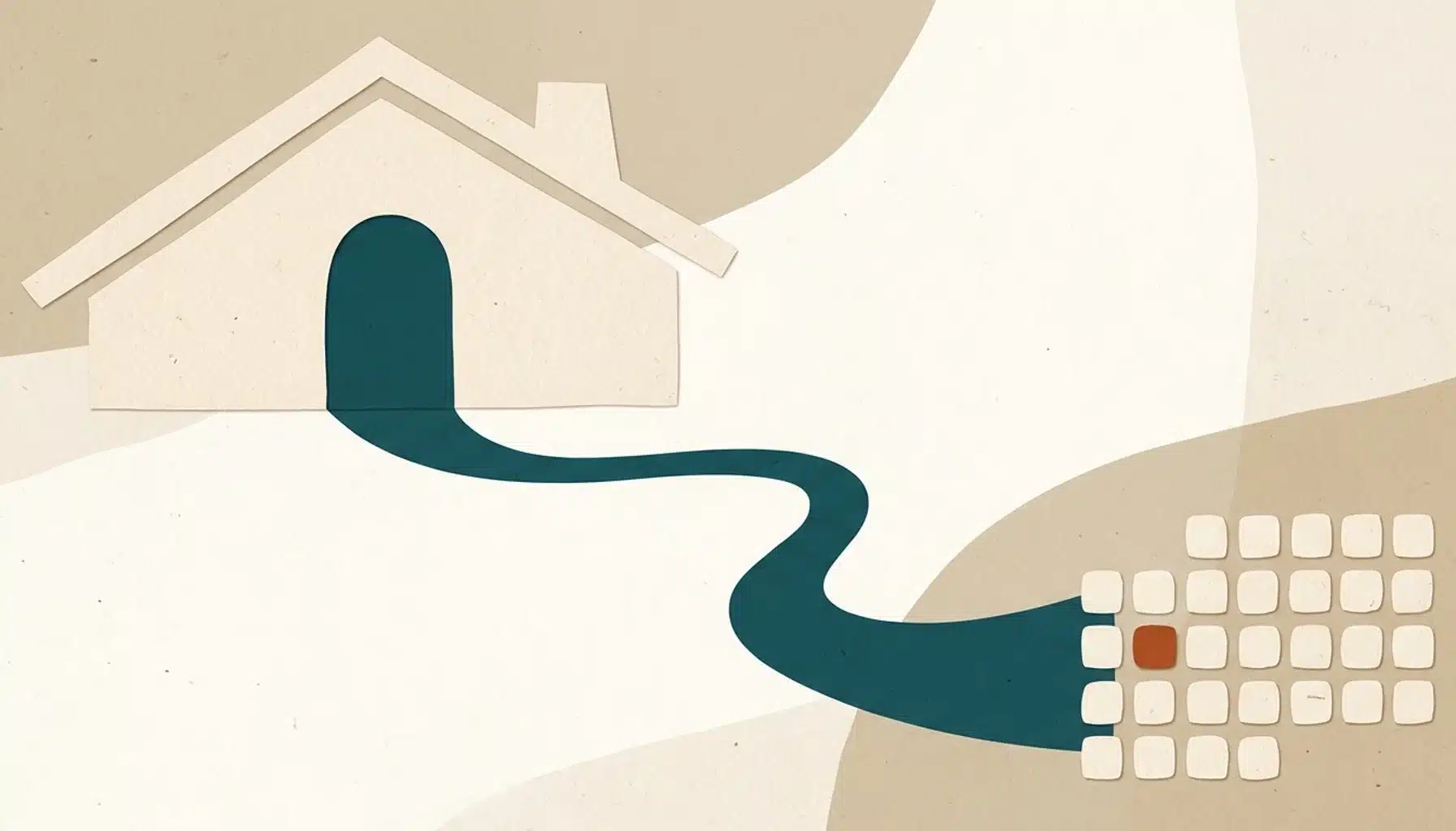 Flat illustration of a house roofline with a teal arched doorway and a path leading to calendar-style tiles, no-code vacation rental website