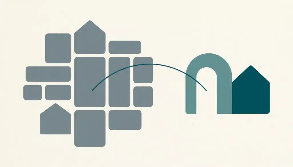 Flat illustration of grey rooftop tiles linked by a teal line to a teal arched house, showing how to scale a short-term rental business beyond Airbnb