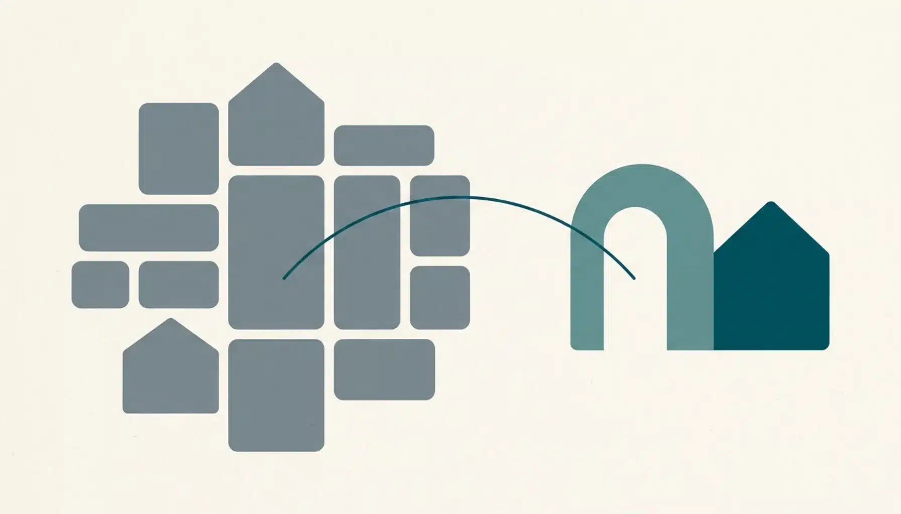 Flat illustration of grey rooftop tiles linked by a teal line to a teal arched house, showing how to scale a short-term rental business beyond Airbnb