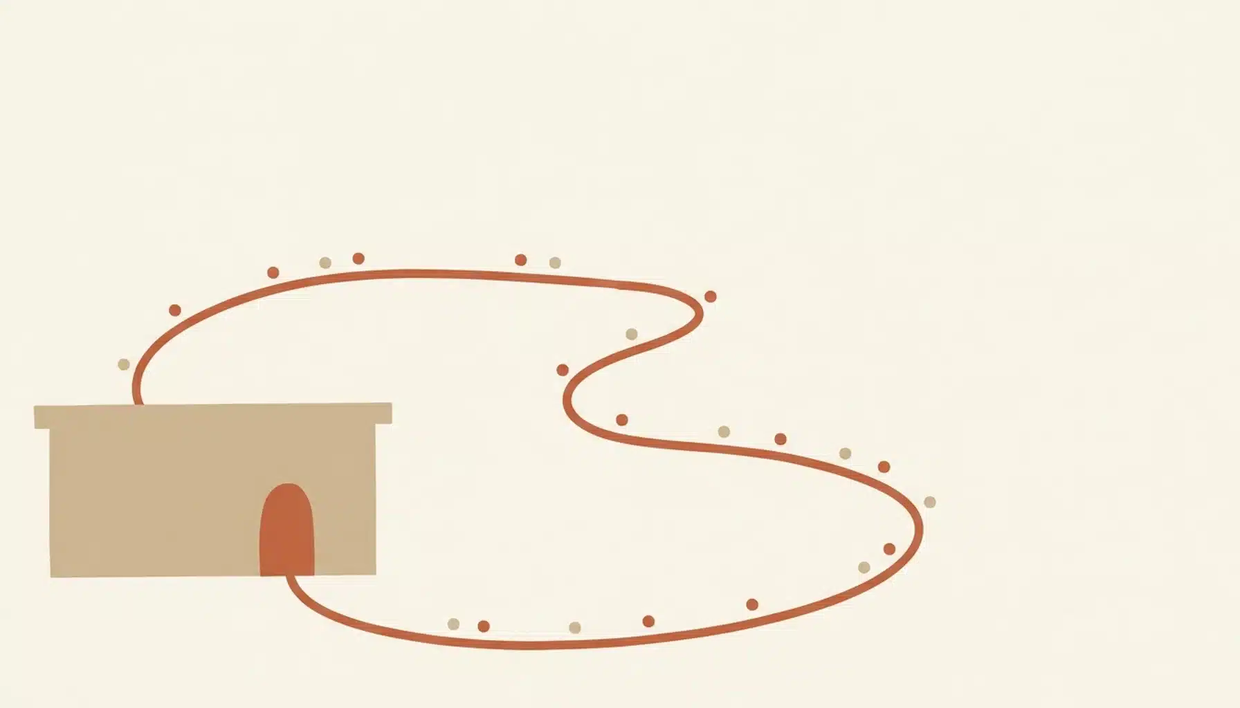 Flat illustration of a house silhouette with a terracotta looping path returning to its doorway, past Airbnb guests becoming repeat direct bookers