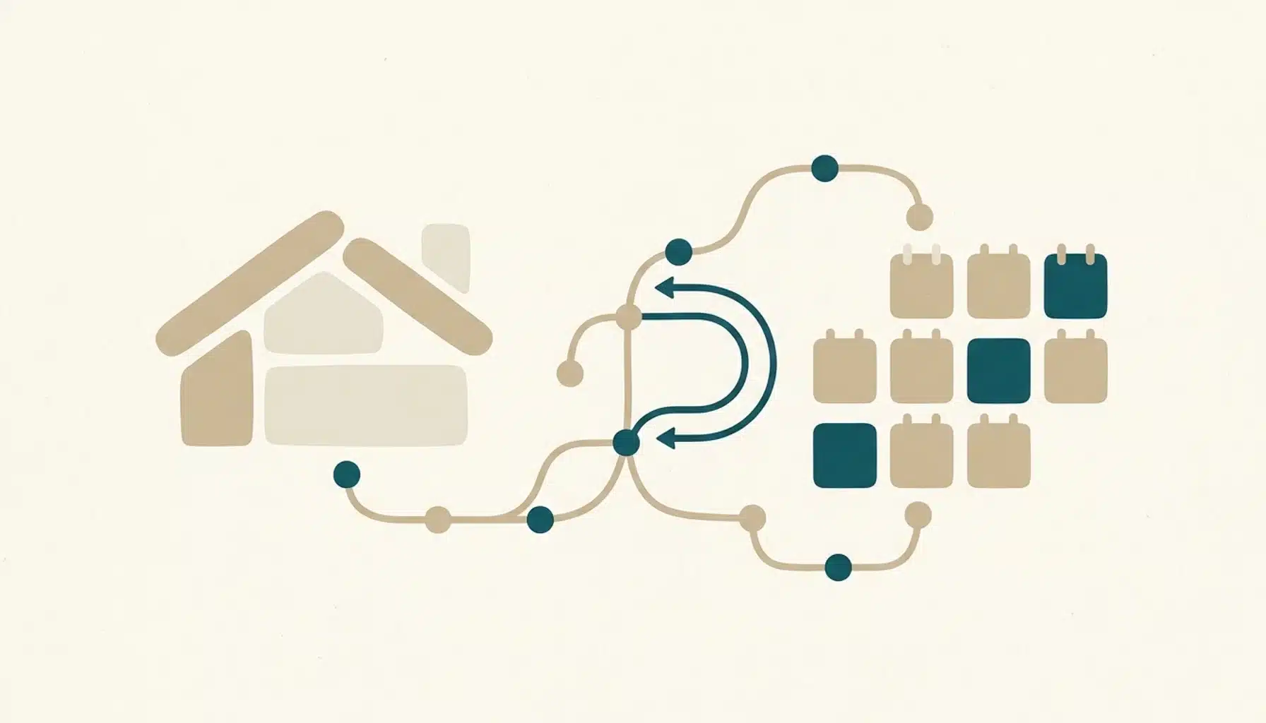 Flat illustration of a house roofline linked by a looping line to a grid of tiles, showing a direct booking website syncing with a PMS