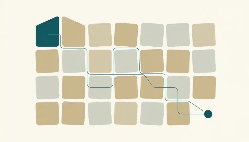 Flat illustration of rounded tiles and a small roofline shape linked by a teal line, representing how to blog as an Airbnb host