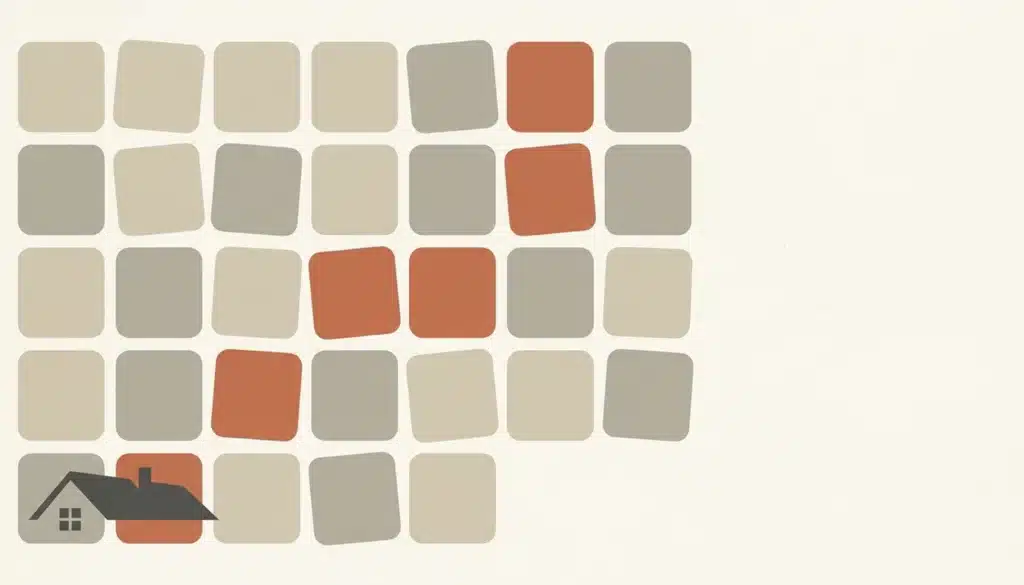 Grid of rounded tiles with terracotta accents and a small roofline shape, a flat illustration for a short term rental content calendar
