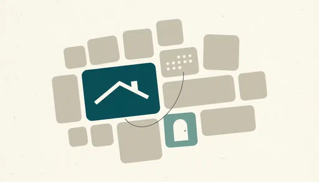 Flat illustration of rounded tiles with a house roofline and arch shape in teal, representing how to create content for airbnb host listings