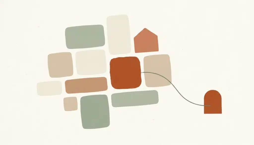 Flat illustration of rounded tiles and a house-shaped tile linked by a curved line to an arch, how to write blog posts for rental property