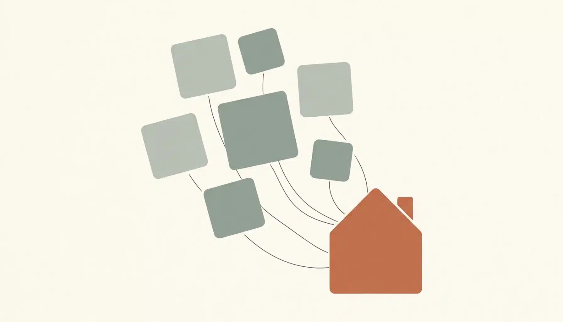 Flat illustration of seven small rounded tiles linked by curved lines to one terracotta house shape, representing top STR content tools