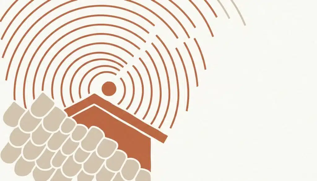 Flat illustration of a terracotta house roofline with ripple arcs, evoking a vacation rental website not ranking in search