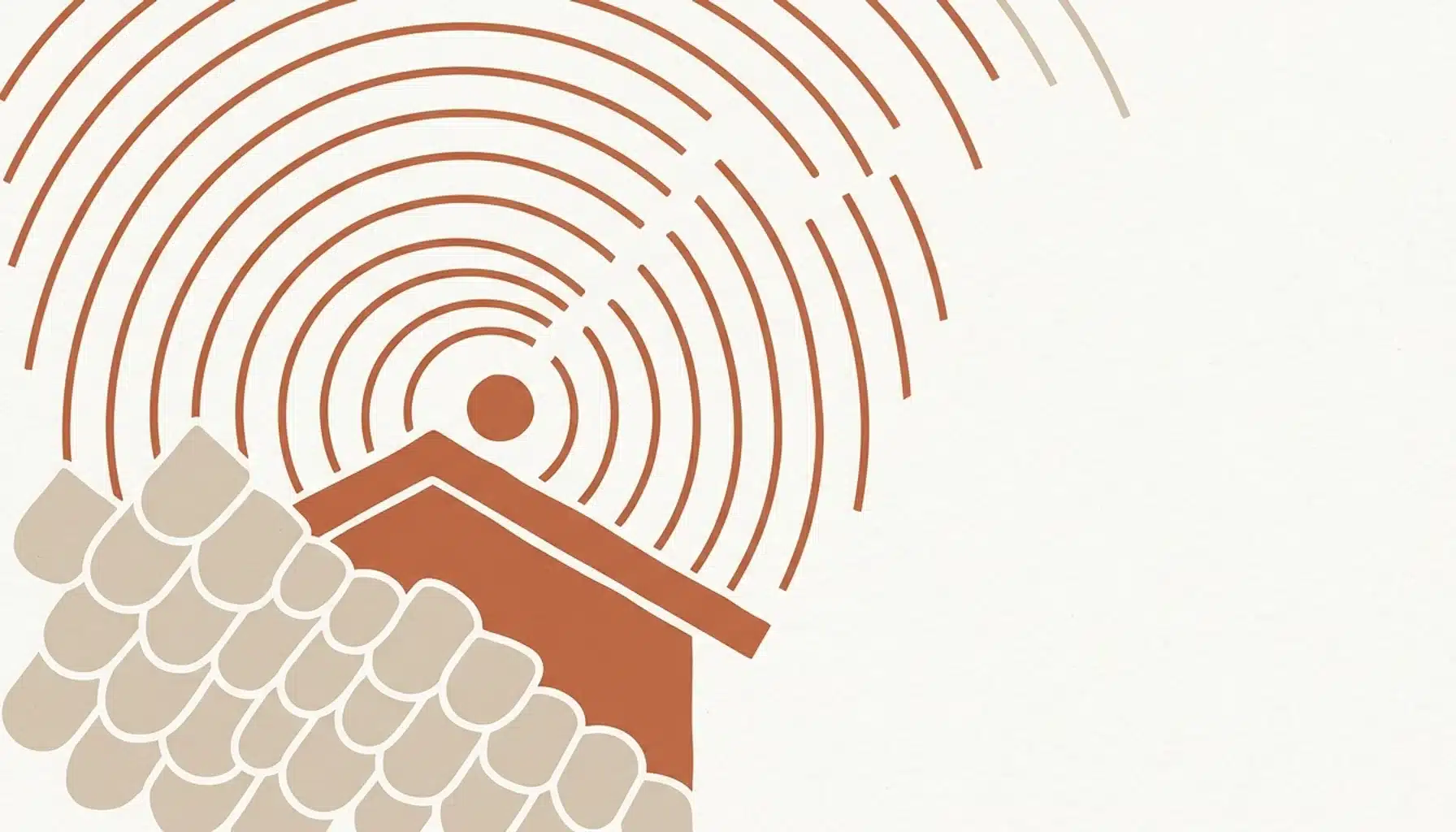 Flat illustration of a terracotta house roofline with ripple arcs, evoking a vacation rental website not ranking in search